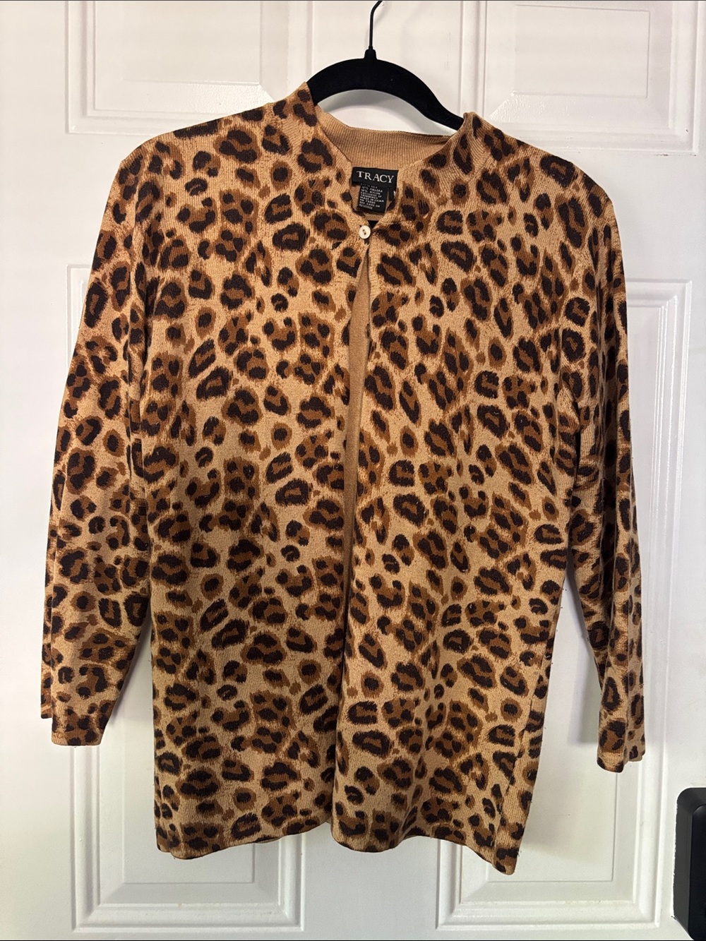 Vintage Tracy M Leopard Print Open-Front Silk Sweater in Tan and Black Size Med.